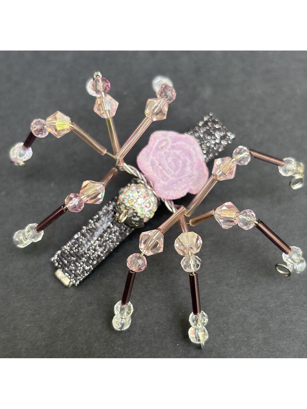 Pink Rose Beaded Spider Hair Clip Halloweencore 2"
